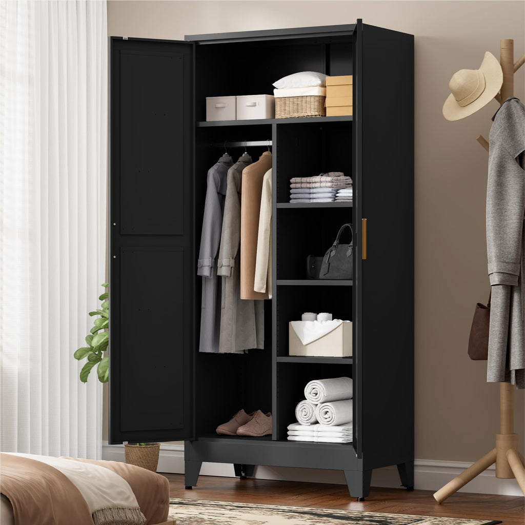 71" Tall Metal Wardrobe Closet with Adjustable Shelves and Hanging Rod, 2 Doors Office Storage Locker Cabinet