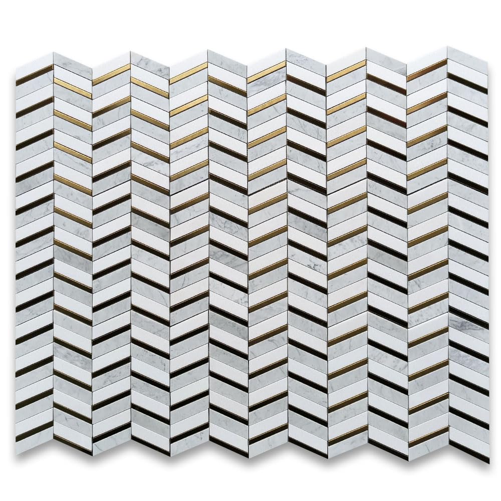 Thassos White Carrara White Marble 1x3 Artistic Chevron Mosaic Tile w/Brass Strips Polished Kitchen Bath Wall Floor