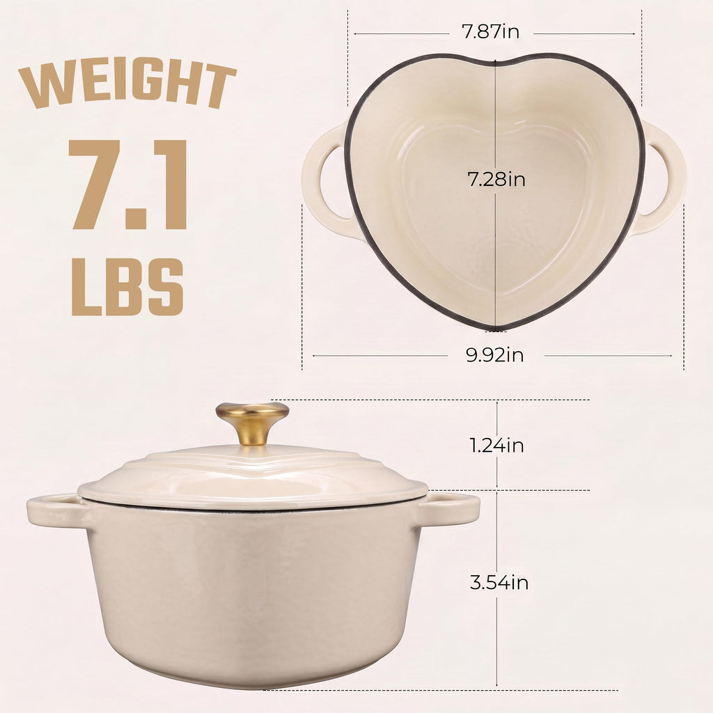 Heart Shaped Dutch Oven 2 QT, Enameled Cast Iron Pot (White)
