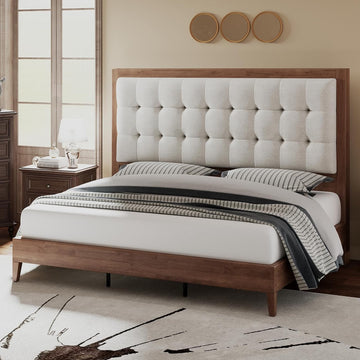 Solid Wood Queen Bed Frame 50.2" Tall Upholstered Headboard, Mid-Century Style, Stable Platform Support, No Box