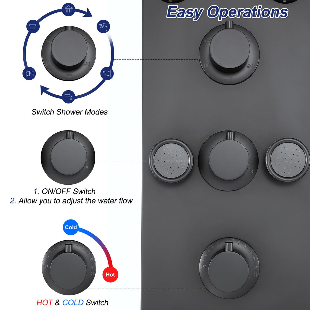 6 in 1 Rainfall Waterfall Shower Panel Tower System Matte Black