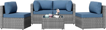 5 Piece Outdoor Sectional Sofa Set, All-Weather Wicker Rattan Patio Conversation Set - Gray & Aegean Blue