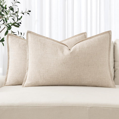 Decorative Linen Lumbar Pillow Covers 12x20 Inch Natural Beige Boho Farmhouse Neutral Couch Throw Pillows