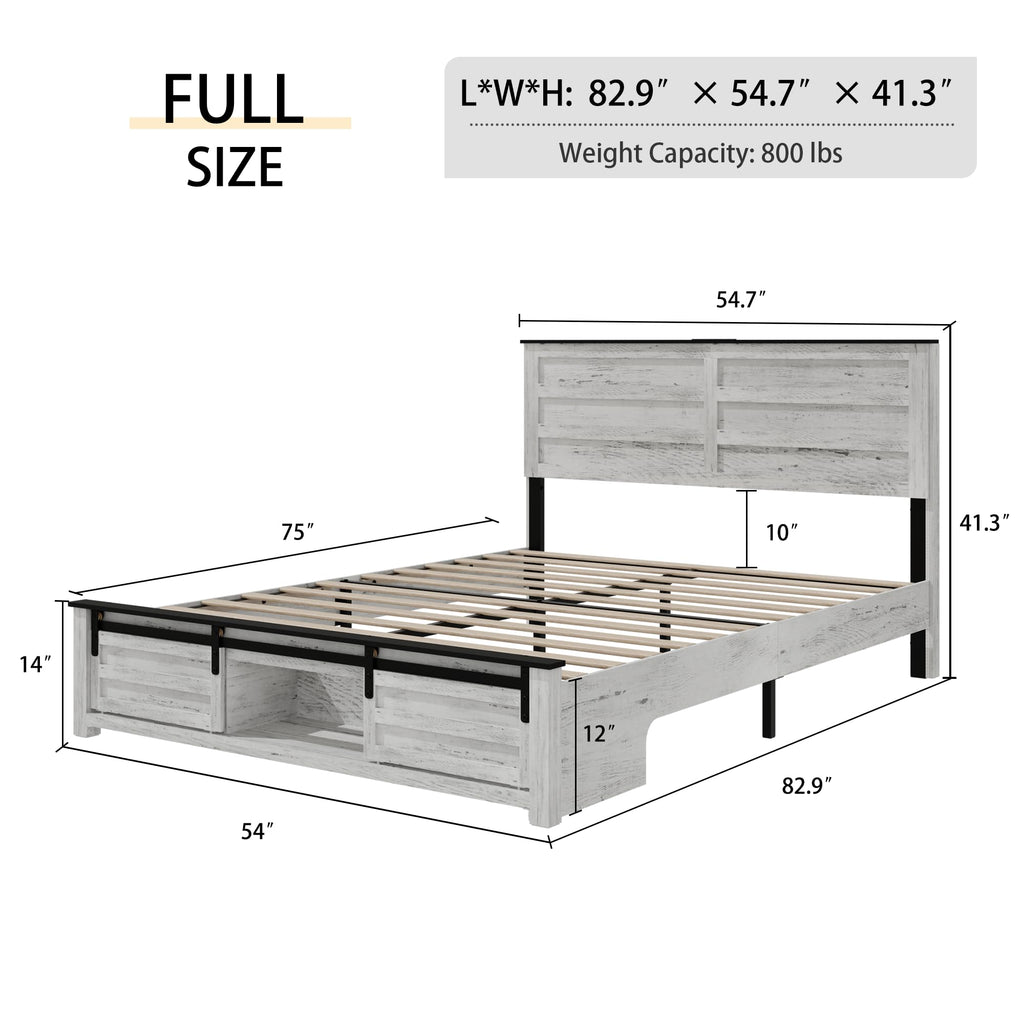 Wooden Bed Frame with Headboard, Boho Storage Bedframe with Sliding Barn Door Footboard and Charging