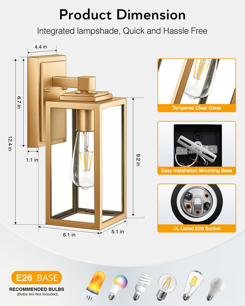 Gold Outdoor Wall Lights, Waterproof Outside Porch Lights, Anti-Rust Porch Lights Outdoor, Outside Light Fixture for House, Garage, Doorway, Garden, Tempered Glass, E26 Socket A123-B0CY2FW5ZZ