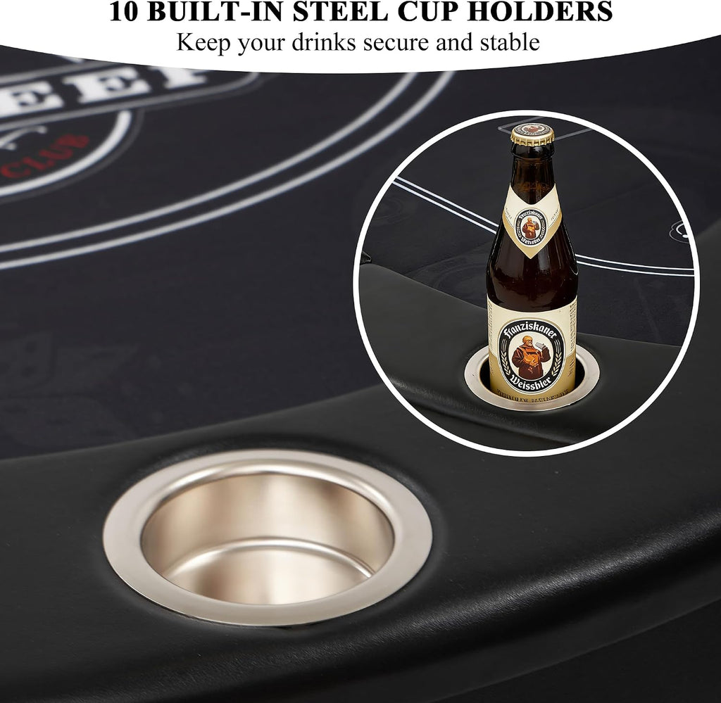 84" Poker Table for 10 Players, Foldable Texas Holdem Table with Padded Rails & 10 Cup Holders, Portable Casino Board