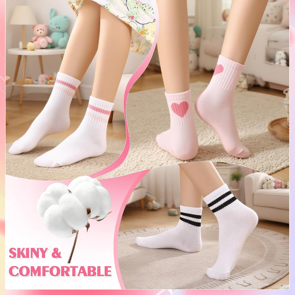 6 Pairs Kids Girls Pink White Crew Athletic Socks Years
