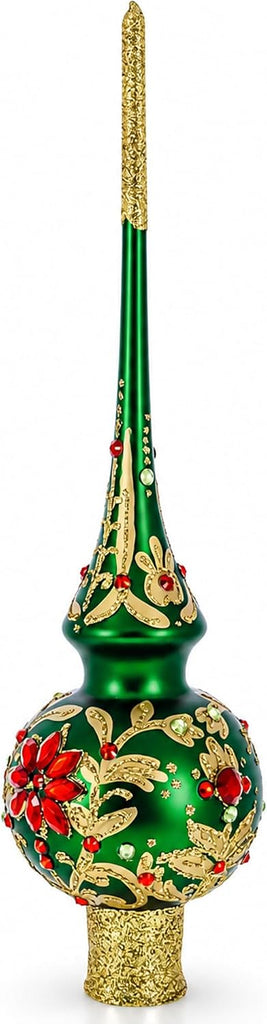 Regal Emerald & Red Glass Christmas Tree Topper 11 Inches