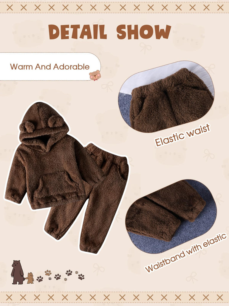 Toddler Baby Fleece Set Bear Hoodie with Ears Fuzzy Winter Sweatsuit Warm Hooded Sweatshirt & Sweatpants for Boys