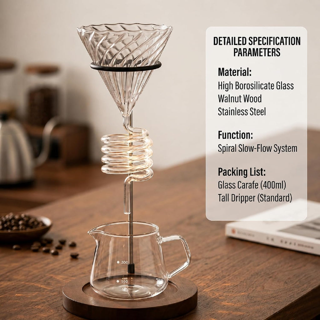 Pour Over Coffee Maker Set - 3PCS Featuring Spiral-Ribbed Dripper, Raised Walnut Wooden Stand, and 400ml Elegant