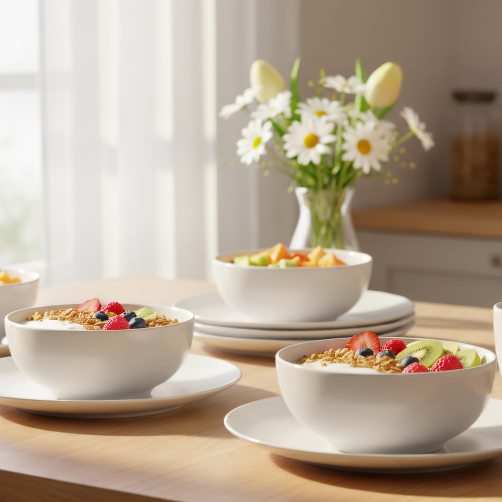 Dinnerware Set for 4, White Porcelain Plates and Bowls, Chip Resistant Dishwasher Safe for Family Dining