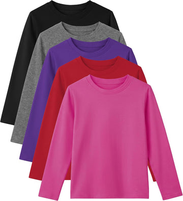 5 Pack Girls Long Sleeve Shirts Kids Cotton Crew Neck Tops