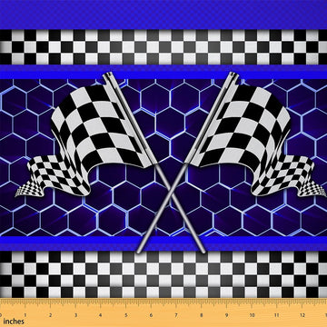 Racing Car Flag Waterproof Fabric by The Yard, Blue Neon Lights Honeycomb Home DIY Decor Extreme Sports Theme Soft