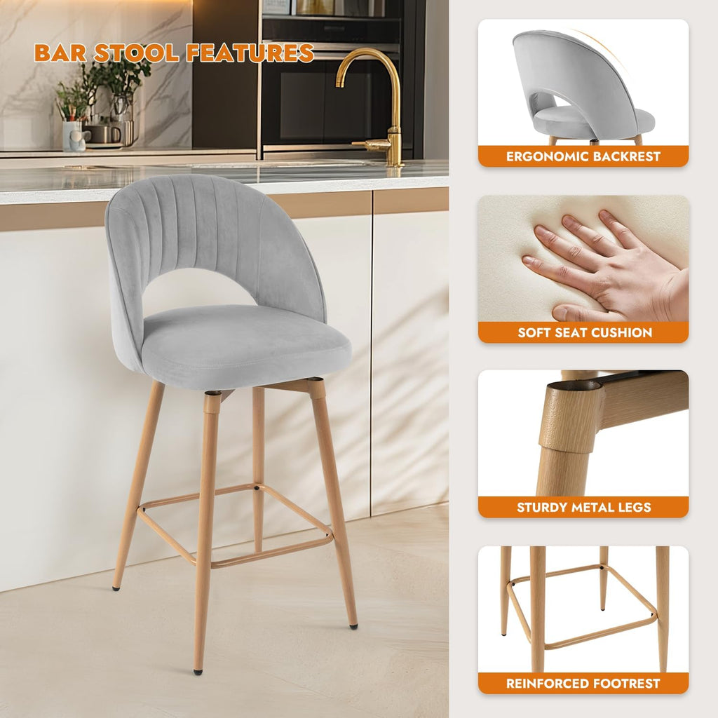 Swivel Bar Stools Set of 3, Counter Height Barstools Island, 26" Seat Height Bar Chairs, Velvet Upholstered Bar Stool