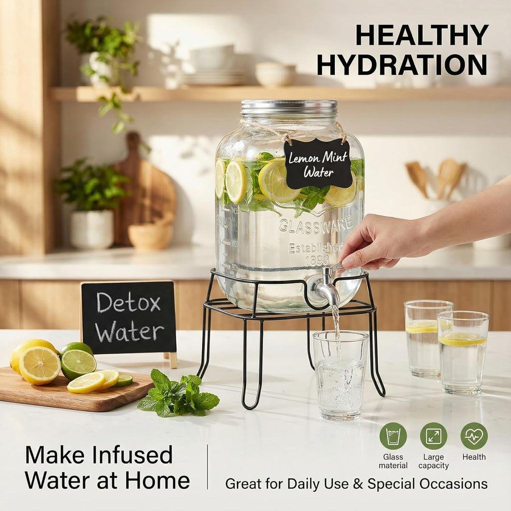 2 Gallon Glass Drink Dispenser,Beverage Dispenser with Stand,Lemonade Dispenser with 304 Stainless Steel Spigot