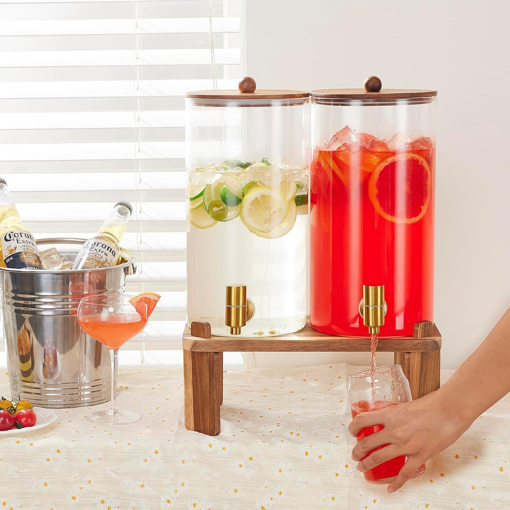 1.5 Gallon Drink Dispenser: 2P Glass Dispenser w/Wood Stand - Set of 2