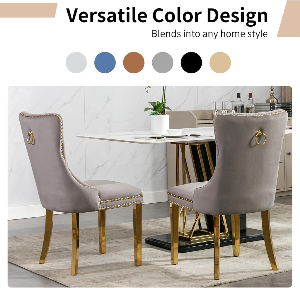 Luxury Upholstered Dining Chairs Set of 4, Grey Kitchen Chair with Golden Metal Legs, Velvet Tufted Back Dining Chair