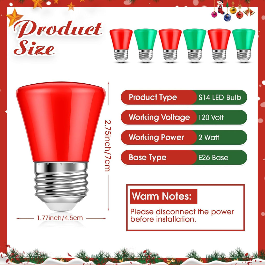 50 Pcs S14 LED Light Bulbs 2W E26 Outdoor Replacement,Red, Green