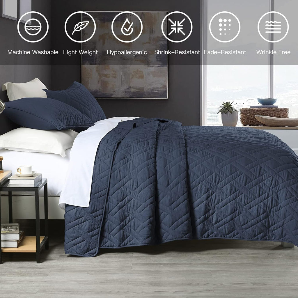 Quilt Set King Navy Blue, Classic Geometric Diamond Stitched Pattern, Ultra Soft Lightweight Bedspread Coverlet for