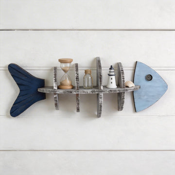 Wooden Fishbone Wall Decor, Floating Shelf, Nautical Coastal Wall Mounted Organizer, Driftwood Fish Display Shelf