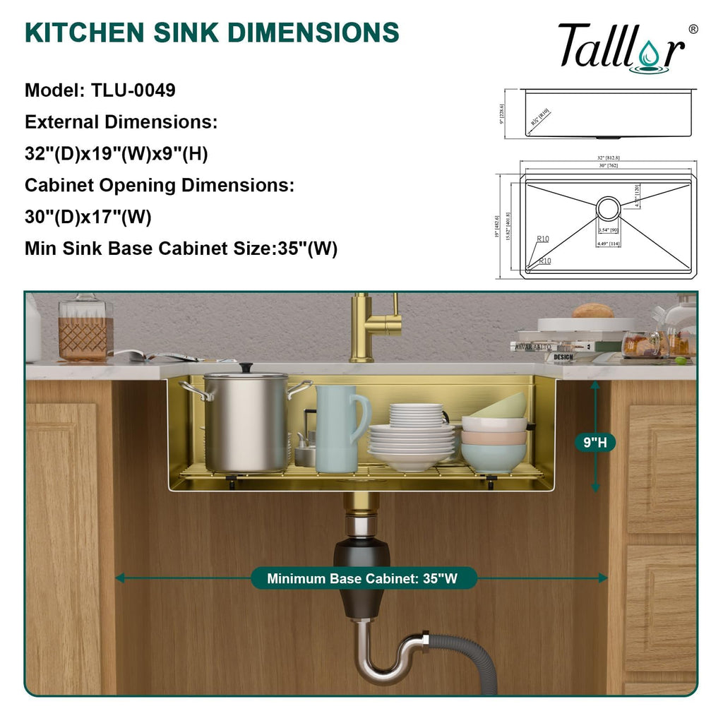 32"x19" Gold Undermount Kitchen Sink, Workstation All-In One Gold 16 Gauge Stainless Steel Under Counter Single