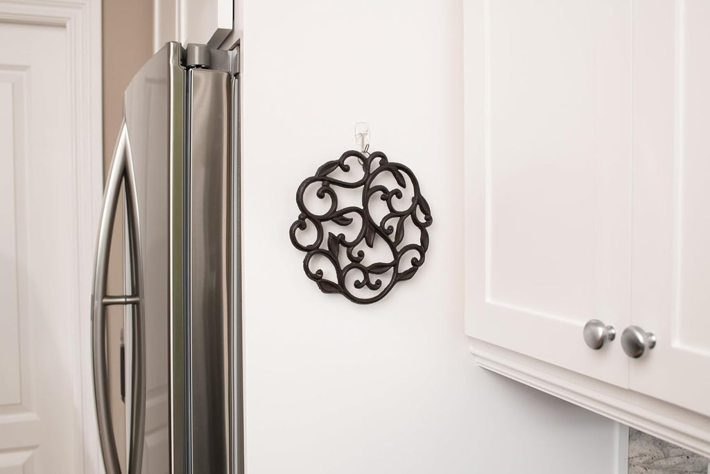 Cast Iron Trivet for Hot Dishes, Pots, and Pans, Metal Trivet, Vine Design, Rubber Feet Caps, Ring Hanger, 8 Inches