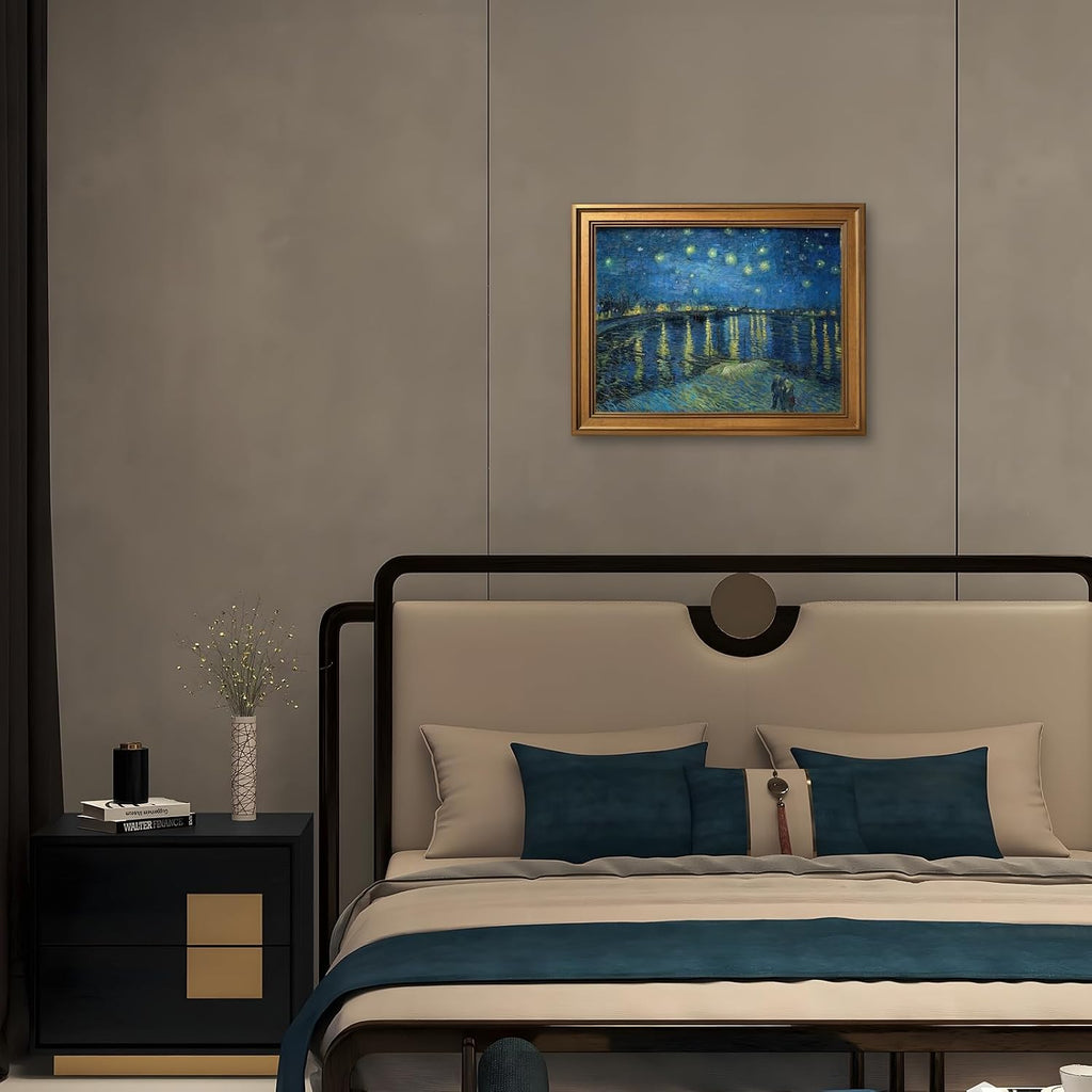 Gold Framed Starry Night by Vincent Van Gogh Poster Night View Wall Art Vintage Famous Oil Paintings Reproduction