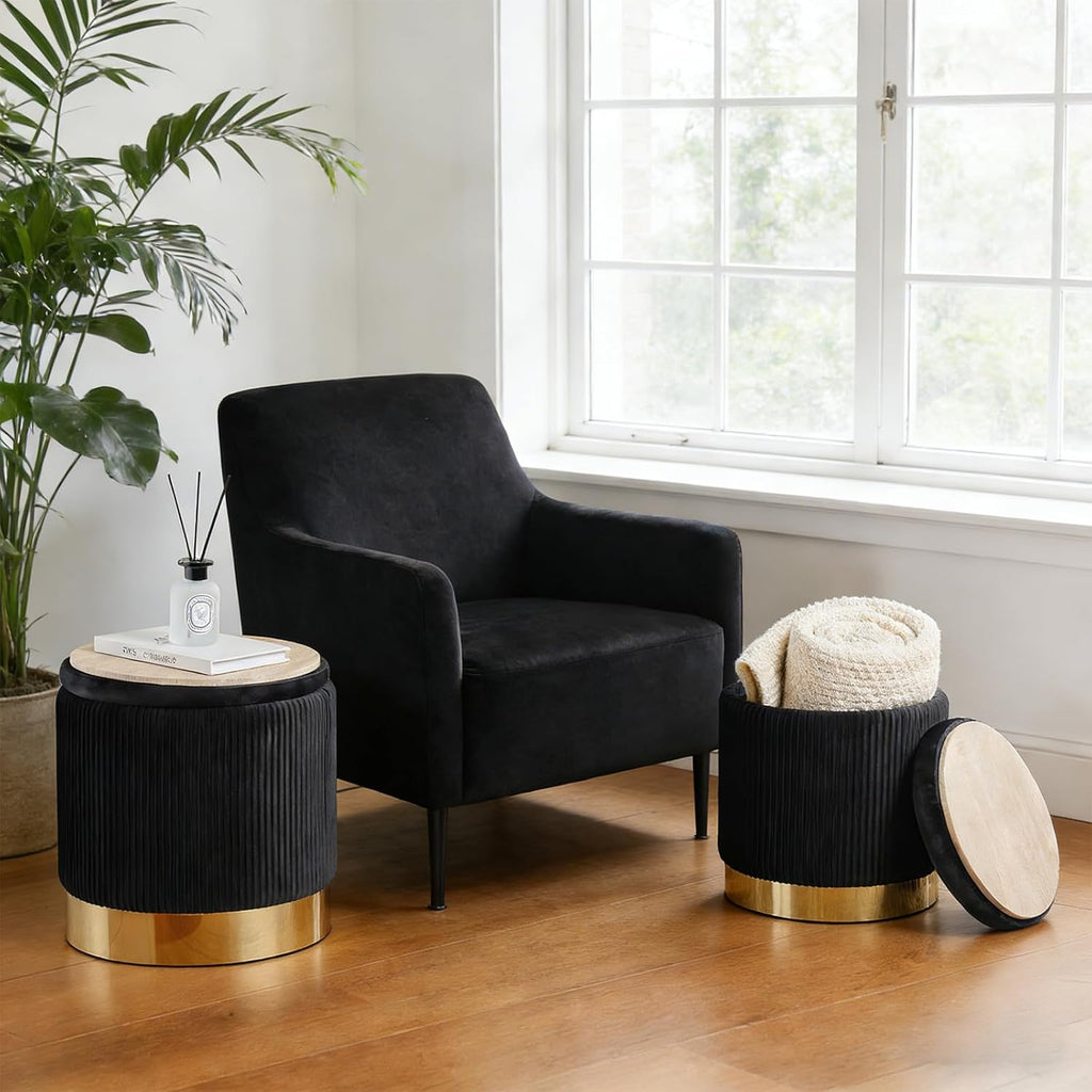 Round Ottoman with Storage Set of 2 Black Velvet Vanity Stool | Upholstered,Small Ottoman Coffee Table,Removable