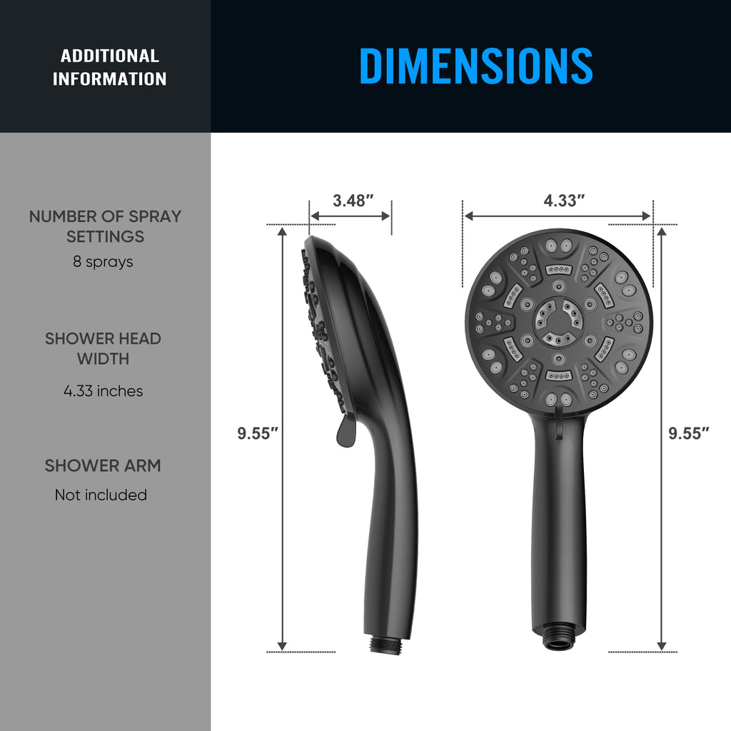 8-Setting Handheld Shower Head, Water-Saving Design, Matte Black