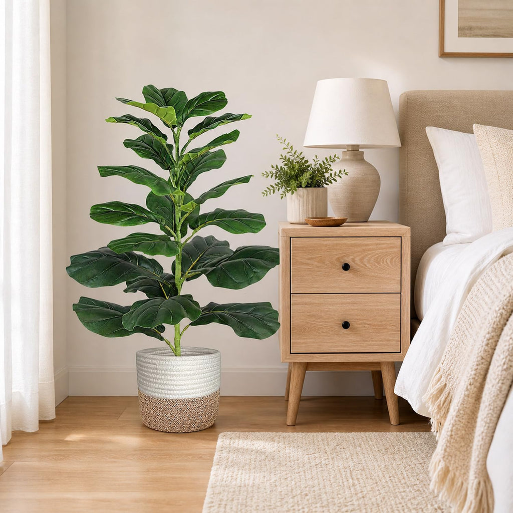 30" Artificial Fiddle Leaf Fig Tree, Realistic Fake Plants Faux Trees Indoor with Cotton Rope Basket, Artificial