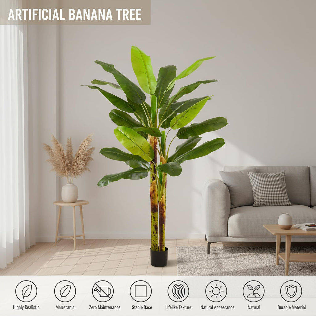 7ft Artificial Banana Tree, Real Touch Faux Leaves, Natural Texture Trunk with Cement Weighted Base. Large Fake
