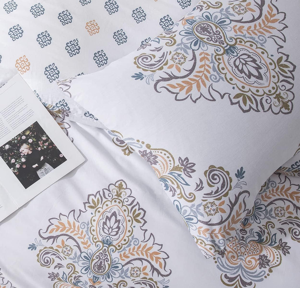 Comforter Twin Size, 600 Thread Count Cotton Yellow & Blue Damask with Taupe Brown Reversible Pattern White Comforter