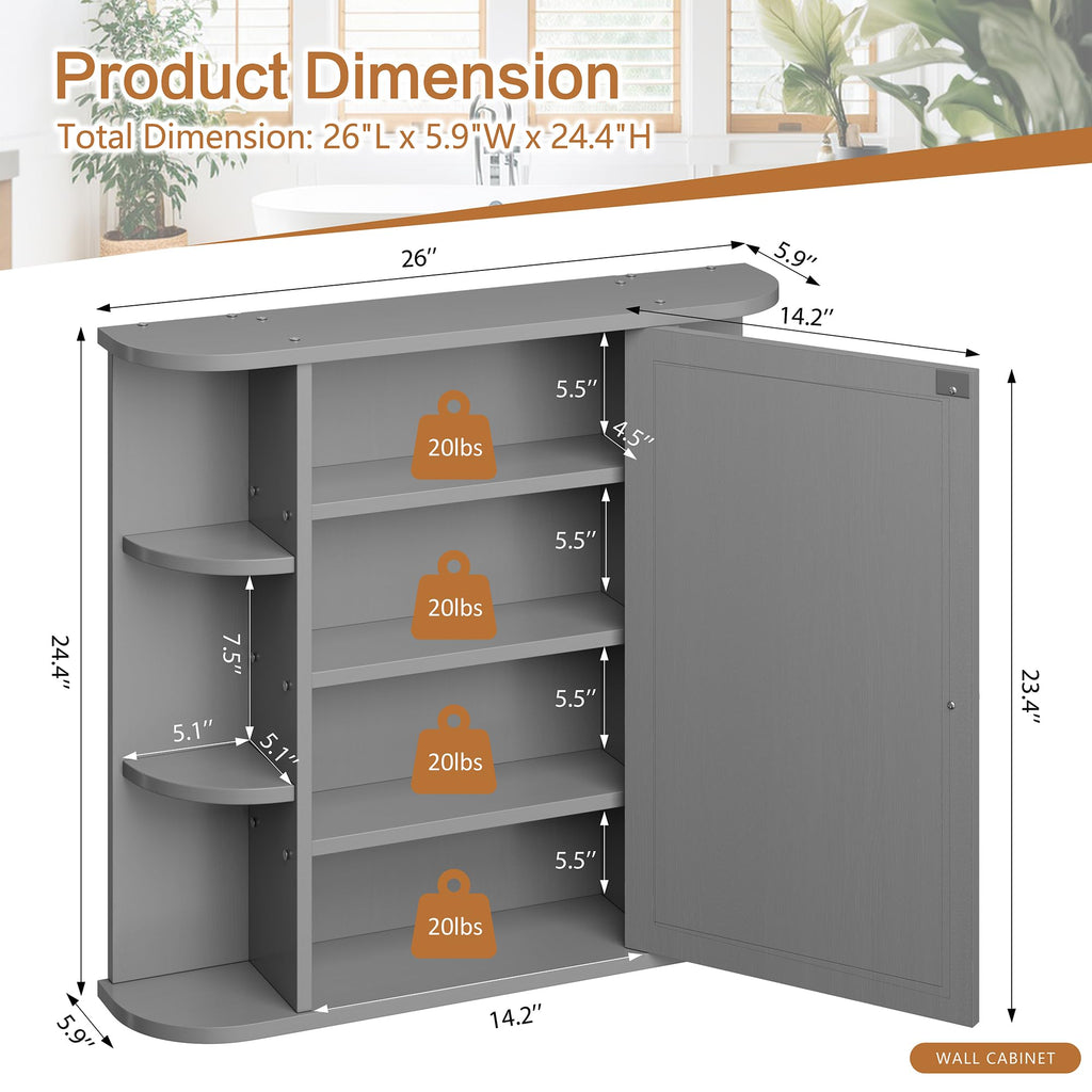 Bathroom Mirror Cabinet Wall Mounted, Medicine Cabinet with Mirror and 6 Open Shelves, Modern Bathroom Wall Cabinets