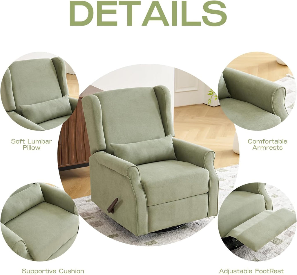 360°Swivel Rocker Recliner, Nursery Rocking Chair with Lumbar Pillow,Glider Recliner Nursery Chair for Small