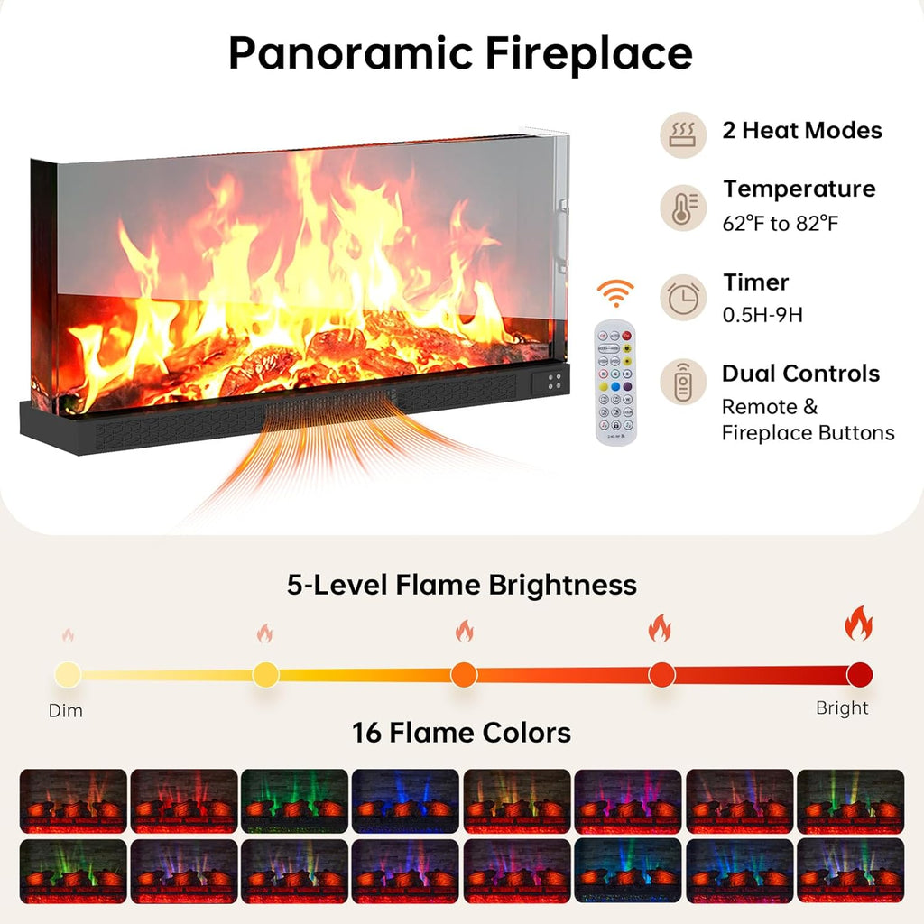 70" Fireplace TV Stand, 3 Sided Glass Modern Entertainment Center for TVs Up to 80", TV Console with Storage