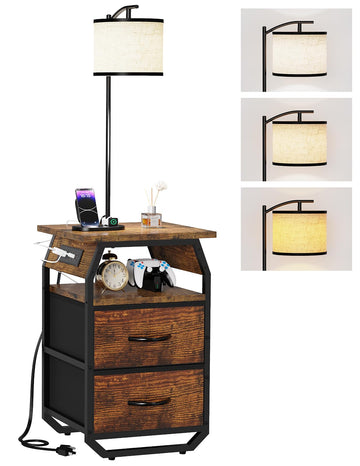 Floor Lamp with Table, End Table with Light and Charging, Rustic
