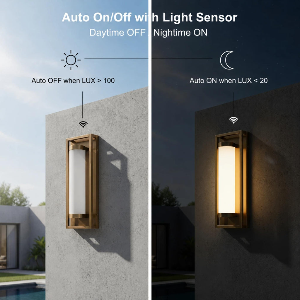 Modern LED Dusk to Dawn Outdoor Wall Sconce, Brushed Antique Brass