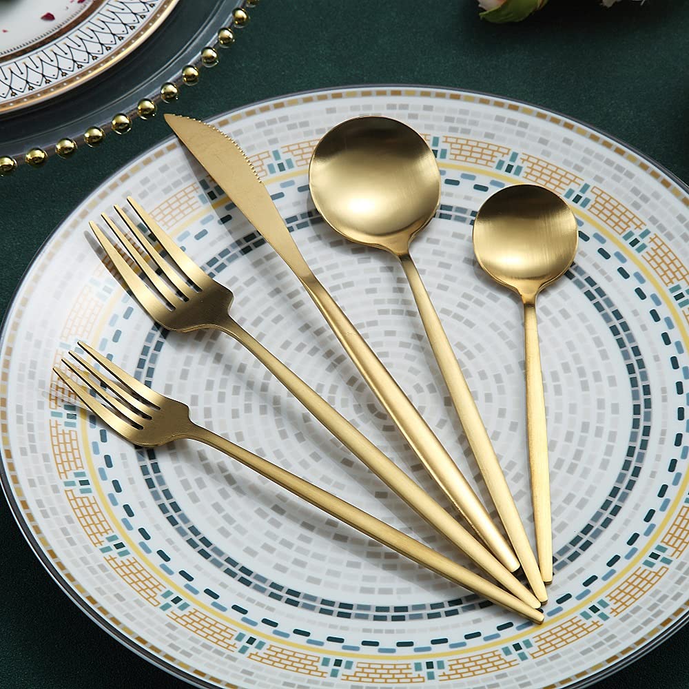 Matte Gold Silverware Set 40 Pieces, Stainless Steel Golden Flatware Set, Titanium Plating Cutlery Set, Matte Gold
