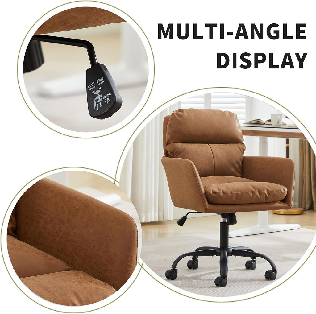 Adjustable Home Office Desk Chair with Comfy Square Mid-Back, Faux Leather 360 Swivel Upholstered Task Armchair with