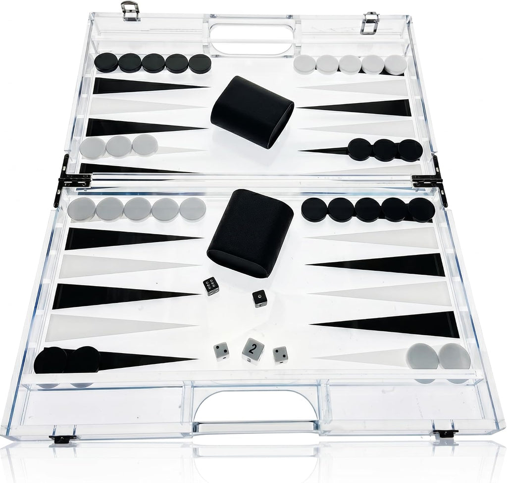 Modern Acrylic Backgammon Set - Clear Lucite Board Game - Premium Dice Cups & Accessories - Luxury Portable