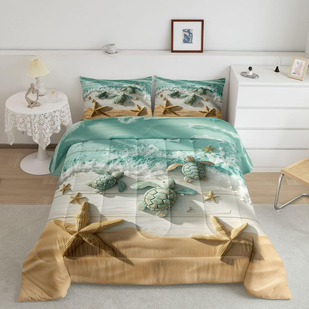 Seaside Beach Bedding Set, Sea Turtle Starfish Comforter Set with 2 Pillowcases, Coastal Ocean Sea Wave Bed