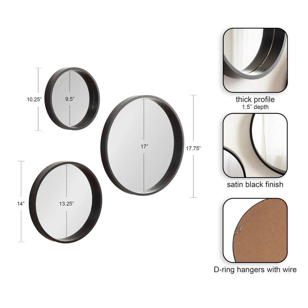Travis Modern Round Wall Mirror Set; Set of 3; Varying Sizes; Black; Decorative Three-Piece Circle Mirror Set for Use