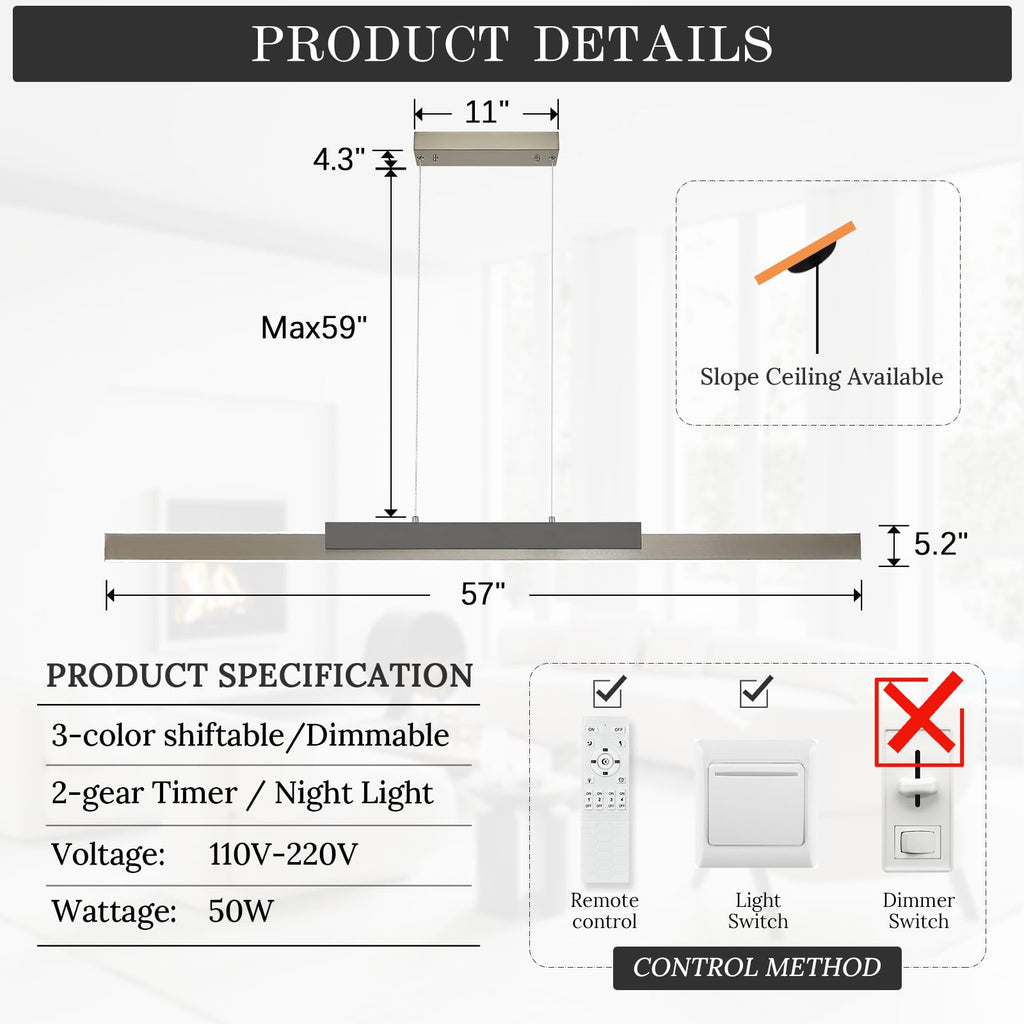 LED Linear Pendant Light 57in Brushed Nickel Island Light Dimmable