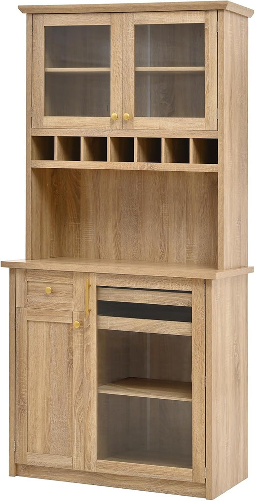 35.4"x17.7"x74.8" Farmhouse Freestanding Buffet with Hutch, Kitchen Pantry Storage Cabinet with Wine Rack and