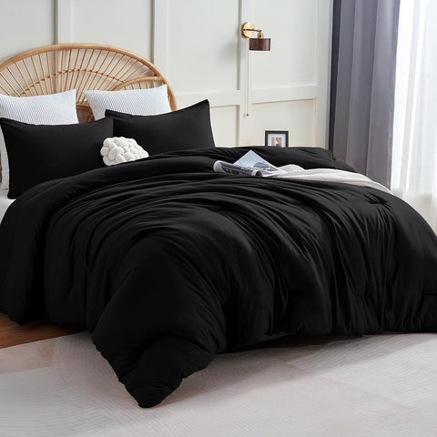 Queen Comforter Set Black, 3 Pieces Solid Comforters Queen Breathable Quilted Bedding Sets