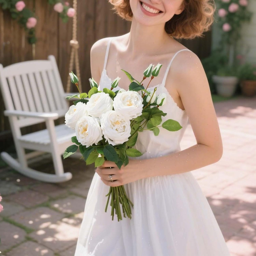 Real Touch White Austin Roses Peonies Artificial Flowers 4 Bouquets Latex Fake Peonies with Long Stem Realistic Faux - Set of 4