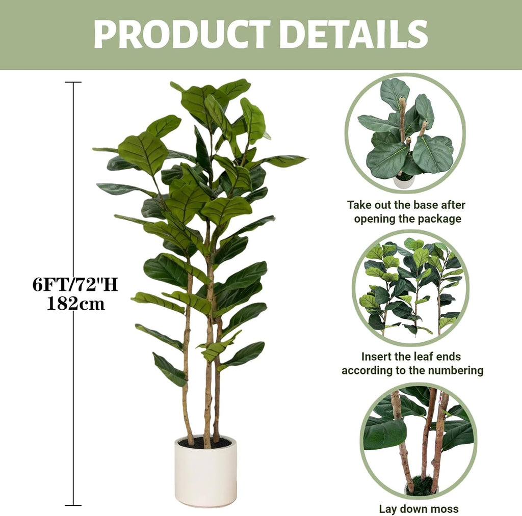Artificial Fiddle Leaf Fig Tree 6FT with White Tall Planter-Large Faux Tree Tall Fake Floor Plant in Pot,Artificial - Set of 3