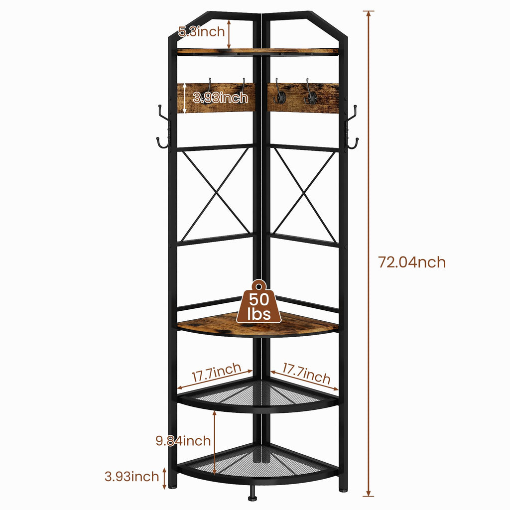 Corner Coat Rack with Storage, Entryway Corner Hall Tree with Shoe Bench and 10 Metal Hooks, Farmhouse Clothes Rack