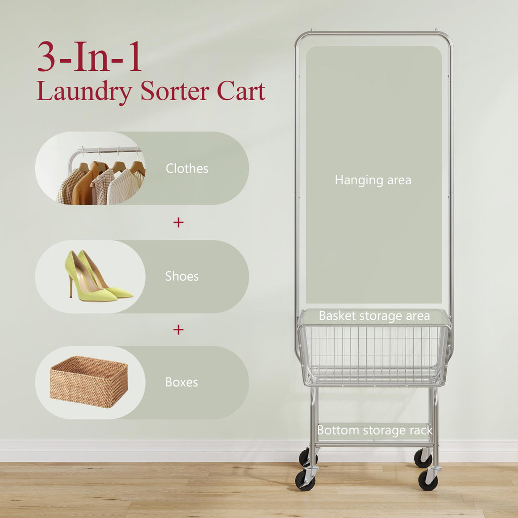 Rolling Laundry Cart with Hanging Rack & Laundry Basket, Silver