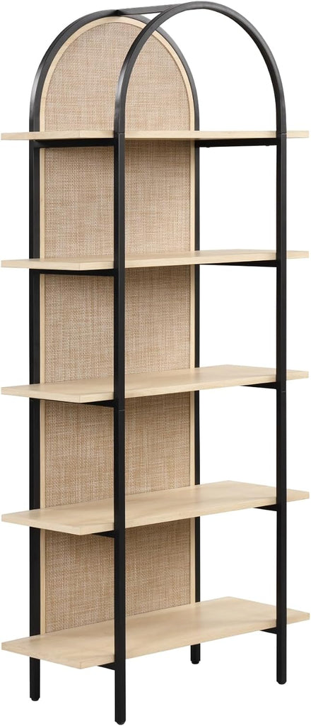 Amara Bohemian 5-Shelf Etagere Bookcase, Rattan Open Bookshelf with Arch Top, Light Oak/Matte Black
